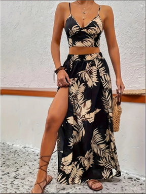 Conjunto Tropical Verão  - Top Cropped Alças Finas e Saia Longa Fenda Lateral