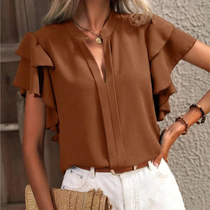 Blusa Elegante Feminina, Pulôver com Decote em V, Dupla Camada, Babados e Mangas - Ideal para o Verão 2024