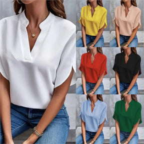 Camisa Preta Feminina com Decote em V, Ombro a Ombro, Mangas Longas, Estilo Chiffon, Elegante para o Escritório