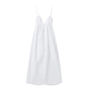 Vestido feminino sem costas, decote em V, cintura alta, ajuste solto, estilo linha A