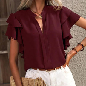 Blusa Elegante Feminina, Pulôver com Decote em V, Dupla Camada, Babados e Mangas - Ideal para o Verão 2024